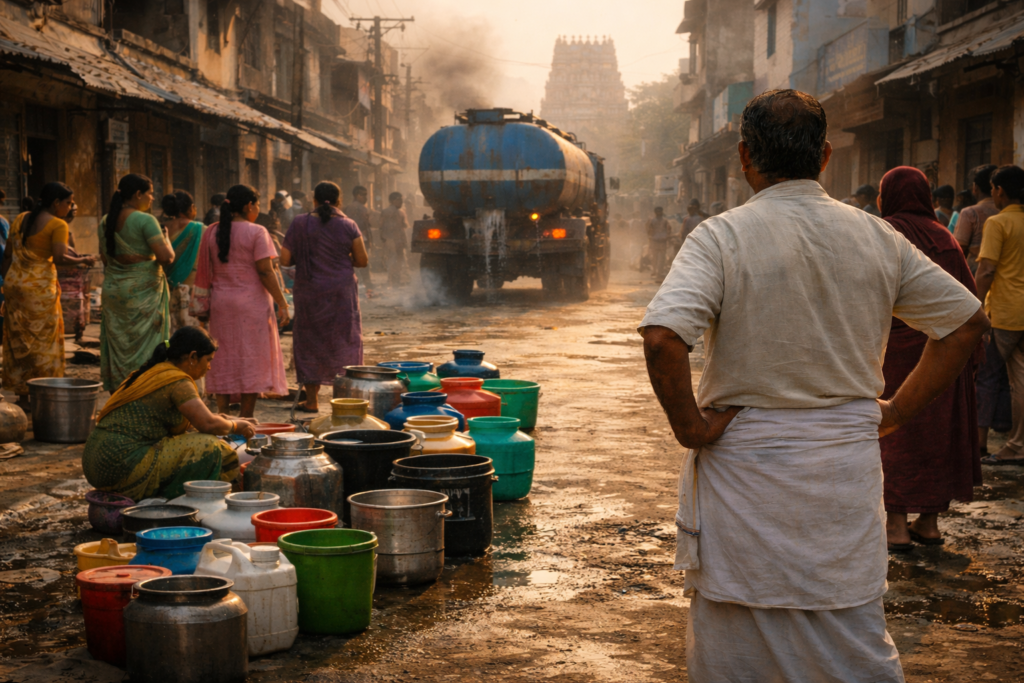 Early morning in an Indian neighborhood where residents wait with buckets and pots as a water tanker approaches through a dusty street.