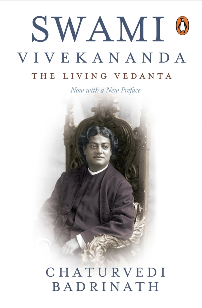 Book cover for "Swami Vivekananda: The Living Vedanta" by Chaturvedi Badrinath. The top of the cover features the Penguin Random House logo and the title in large, serif blue and red font. The center features a seated, sepia-toned historical portrait of Swami Vivekananda in a dark robe, fading into a white background. The author's name is printed in blue serif capital letters at the bottom.